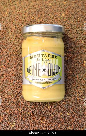 France, Cote d'Or, Fleurey sur Ouche, Dijon mustard from the Reine de Dijon brand made on site (since 1840) with French mustard seeds and without preservatives Stock Photo