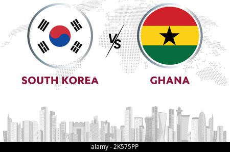 South Korea vs Ghana soccer ball in flag design on Qatar skyline background for football tournament, vector for sport match template or banner. Stock Vector