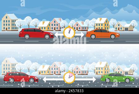 Safe distance between cars in winter, slippery road, snow or ice on the road. Observe a distance. The concept of safety and fail-safety on roads Stock Vector