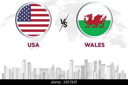 USA vs Wales soccer ball in flag design on Qatar skyline background for football tournament, vector for sport match template or banner. Stock Vector