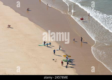 France, Vendee, St Gilles Croix de Vie, surf school on la Grande Plage (aerial view) Stock Photo