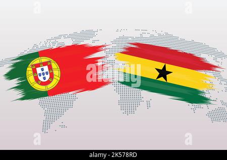 Portugal vs Ghana soccer ball in flag design on world map background for football tournament, vector for sport match template or banner. Stock Vector