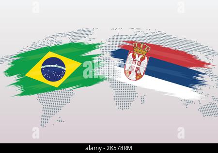 Brazil vs Serbia soccer ball in flag design on world map background for football tournament, vector for sport match template or banner. Stock Vector