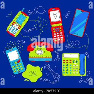 Different generations of phones - set of flat design style illustration Stock Vector