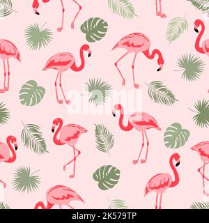 Seamless flamingo bird pattern. Vector tropical background with flamingos and leaves. Stock Vector