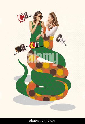 Contemporary art collage. Young woman with snake tails whispering gossips, talking rumors Stock Photo