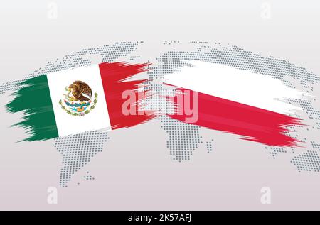 Mexico vs Poland soccer ball in flag design on world map background for football tournament, vector for sport match template or banner. Stock Vector