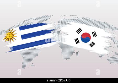 Uruguay vs South Korea soccer ball in flag design on world map background for football tournament, vector for sport match template or banner. Stock Vector