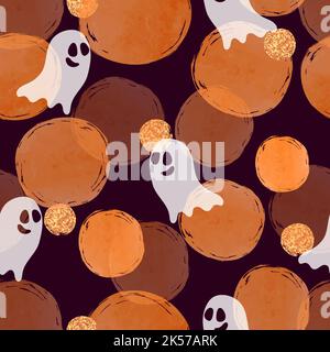 Halloween ghost pattern. Seamless vector background with cute cartoon ghosts and orange watercolor circles. Stock Vector