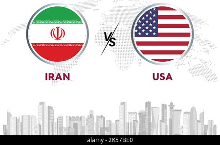 Iran vs USA soccer ball in flag design on Qatar skyline background for football tournament, vector for sport match template or banner. Stock Vector