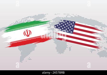 Iran vs USA soccer ball in flag design on world map background for football tournament, vector for sport match template or banner. Stock Vector