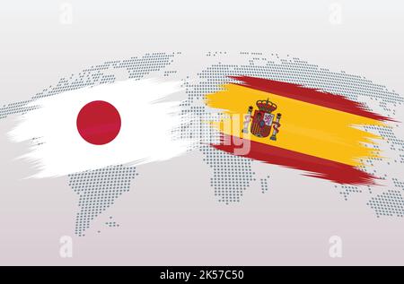 Spain vs Japan soccer ball in flag design on world map background for football tournament, vector for sport match template or banner. Stock Vector