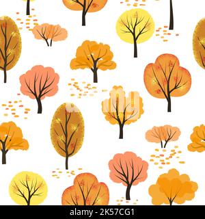 Seamless cartoon autumn trees pattern. Vector abstract autumn forest. Stock Vector