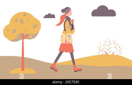 Happy mother on autumn walk with newborn in kangaroo backpack. Woman walking with child in park. Young mom with baby isolated on white background Stock Vector
