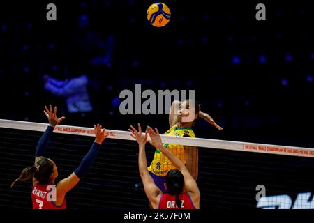 ROTTERDAM, NETHERLANDS - OCTOBER 6: Lorenne Geraldo Teixeira of Brazil spikes the ball during the Pool E Phase 2 match between Brazil and Puerto Rico on Day 13 of the FIVB Volleyball Womens World Championship 2022 at the Rotterdam Ahoy on October 6, 2022 in Rotterdam, Netherlands (Photo by Rene Nijhuis/Orange Pictures) Stock Photo