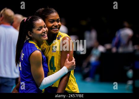 ROTTERDAM, NETHERLANDS - OCTOBER 6: Nyeme Victoria Alexandre Costa Nunes of Brazil and Lorenne Geraldo Teixeira of Brazil during the Pool E Phase 2 match between Brazil and Puerto Rico on Day 13 of the FIVB Volleyball Womens World Championship 2022 at the Rotterdam Ahoy on October 6, 2022 in Rotterdam, Netherlands (Photo by Rene Nijhuis/Orange Pictures) Stock Photo