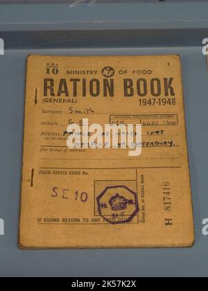 A Ration Book issued by the Ministry of Food after WWII (1947-48) in the RAF Manston History Museum, Ramsgate, Kent, UK. Stock Photo