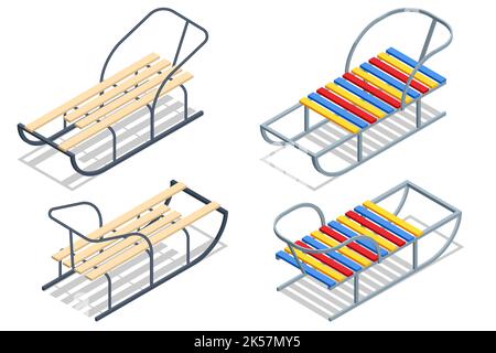 Isometric Child Winter Sled Isolated on White. Winter Seasonal Classic Childhood Transport Vehicle for Outdoor Leisure Recreation Stock Vector