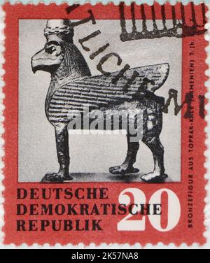 Photo of an East german postage stamp with an illustration of a Bronze figure from Toprak-Kale Returned Art From USSR issued 1959