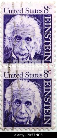 Photo of two American postage stamps with a portrait of physicist Albert Einstein 1966 Stock Photo