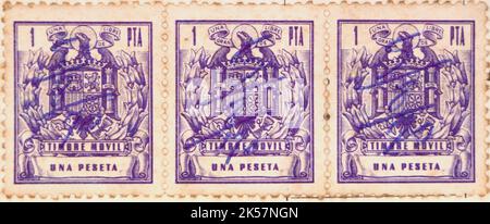 Photo of 3 Spanish 1 peseta stamps Timbre movil Revenue Stamps issued between 1960 and 1976 Stock Photo