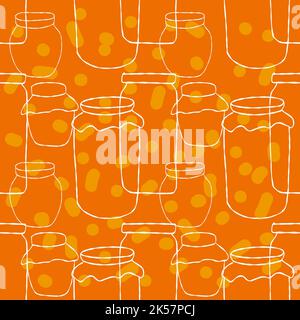 Seamless pattern with white line jars of jam illustration on orange background Stock Vector