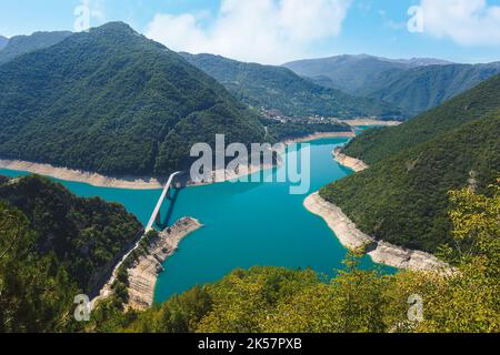 Famous Piva canyon and  bridge across the lake. Nature travel background,   Plužine Municipality, Montenegro. Stock Photo