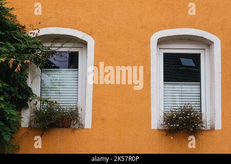A Fragment Of The Wall Of An Old Building With Peeled Yellow Paint. A Flower Garden Is Planted In One Window. Typical Bavarian Windows With Green Stock Photo