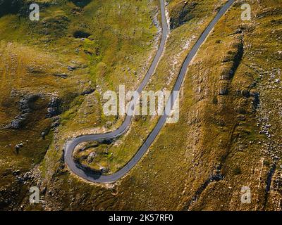Mountain Pass With Curved Road, detail.  Panoramic road in Durmitor National Park, Zabljak, Sedlo pass,  Montenegro. Aerial, drone view Stock Photo