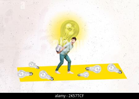 Collage picture of excited little guy carry hold huge light bulb isolated on creative painted background Stock Photo