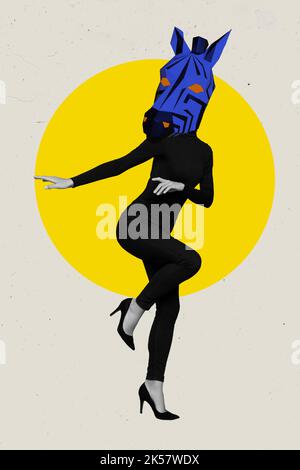 Creative photo 3d collage poster postcard artwork of weird girl have fun nightclub zebra face cool party isolated on drawing background Stock Photo