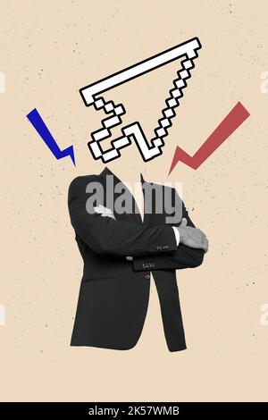 Creative photo 3d collage poster postcard artwork of human body without face head arm folded startup idea isolated on drawing background Stock Photo