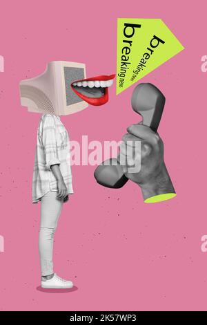 Creative photo 3d collage poster postcard artwork of weird body tv set instead face say speak breaking news isolated on drawing background Stock Photo