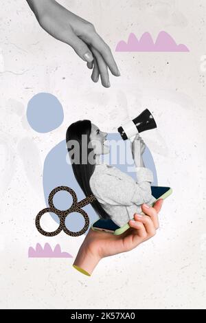 Creative photo 3d collage poster postcard artwork of girl inside display telephone shout tell speak alarm isolated on drawing background Stock Photo