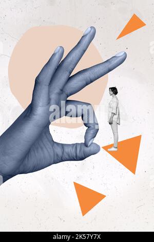 Vertical creative collage image of big hand fingers doing flick little woman bad work condition fired boss employee relationships problem Stock Photo