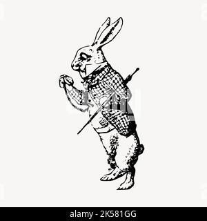 rabbit, wonderland, clock, animals, alice rabbit, vintage alice in wonderland, alice wonderland, vintage, clock hand, rabbit illustrations, wild, ilus Stock Vector