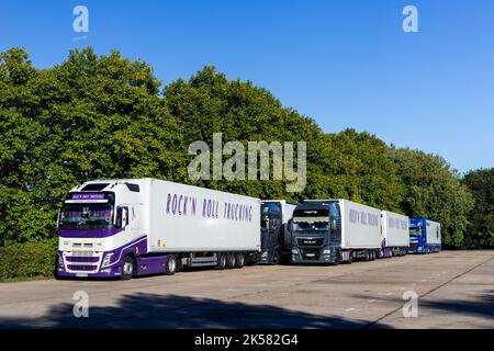Beautiful and powerful looking Trucks parked up at Alexandra Palace.The Rock and Roll trucking are based in Germany.Parked carefully in a line. Stock Photo