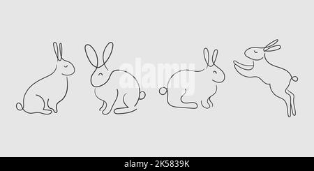 Bunny set in simple one line style. Rabbit icon. Symbol of 2023 new year. Black minimal concept vector illustration. Grey background Stock Vector