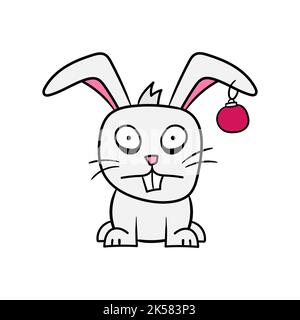Cute angry bunny. Frightened tired cartoon rabbit with a red Christmas ball in his ear. Symbol of 2023. Illustration isolated on white background Stock Vector