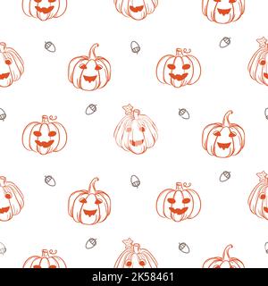 Fall Halloween cute pumpkins orange and beige seamless pattern background with acorns Stock Vector