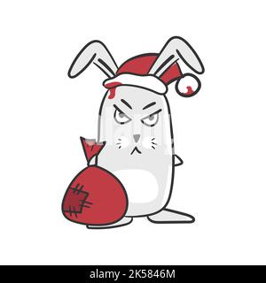 Cartoon hare. Evil bunny in santa hat with a bag of gifts. Vector on white. Funny illustration, new year sticker. Symbol of 2023 Stock Vector