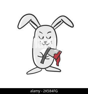 Cartoon cute rabbit with an axe. A smiling hare is a killer. Ax with drops of blood. Vector on white background Stock Vector