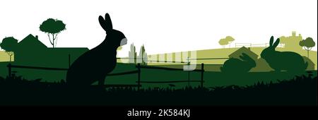 Rabbits are grazing. Picture silhouette. Rural landscape with farmers house. Farm pets. Fur animals. Isolated on white background. Vector. Stock Vector