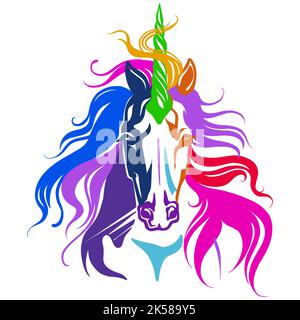 Unicorn color contour portrait. Unicorn head in front view vector illustration isolated on white background. For decor, design, print, poster, postcar Stock Vector