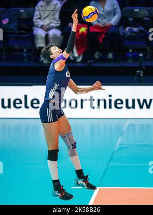 ROTTERDAM, NETHERLANDS - OCTOBER 9: Yuanyuan Wang of China serves ...