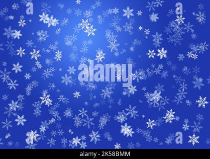 Winter New Year Christmas background. White snowflakes of different shapes and sizes randomly on a blue background Stock Photo