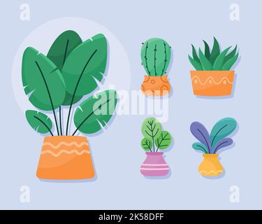 five houseplants in pots icons Stock Vector