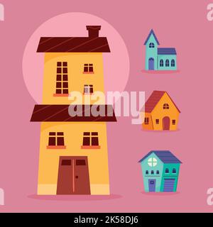 four houses fronts facades icon Stock Vector