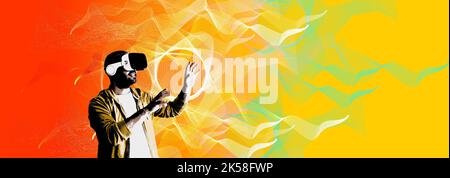virtual world nostalgic image. The man who dived into the metaverse. Stock Photo