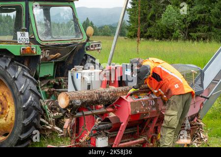 man working with big sawing machine behind tractor in forest in Norway Stock Photo